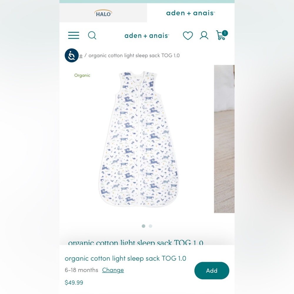 Halo x Aden + Anais organic cotton light sleep sack TOG 1.0